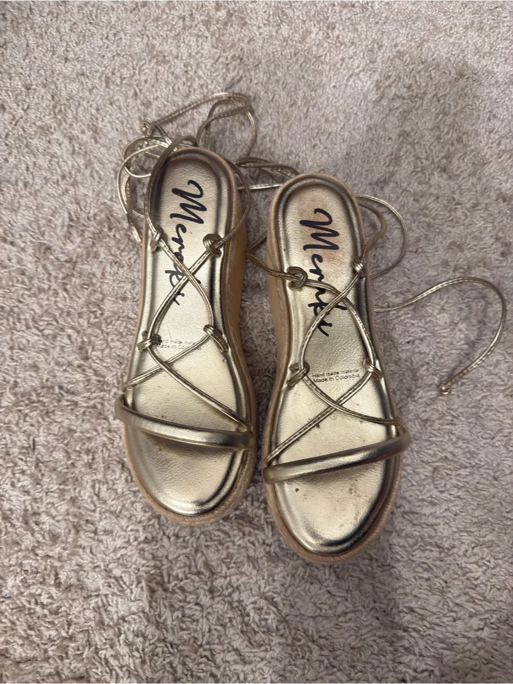 Metallic Gold Platform Lace-Up Sandals Hand made Colombia.
